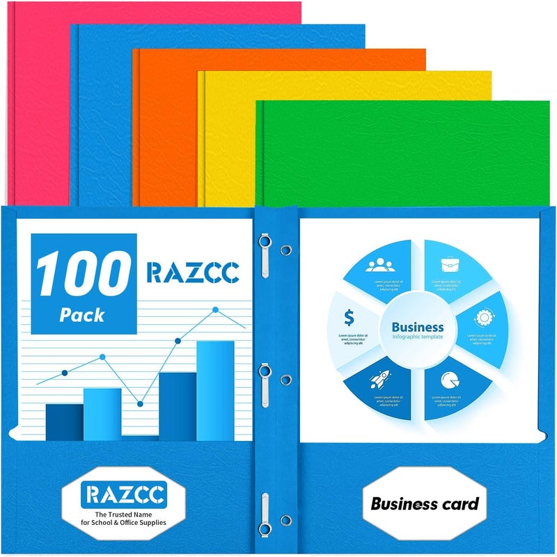RAZCC Two Pocket Folders, 100 Pack Two Pocket with Prongs, 3 Prong Folders Fit Letter Size Paper, Pocket Paper File Folders for School Office Home Business, Assorted 5 Colors - Image 1